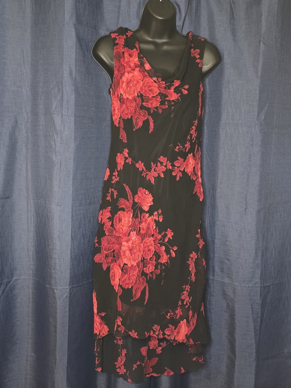 Vintage Y2K Black & Red Floral Beaded Mesh Overlay Midi Dress Connected Apparel